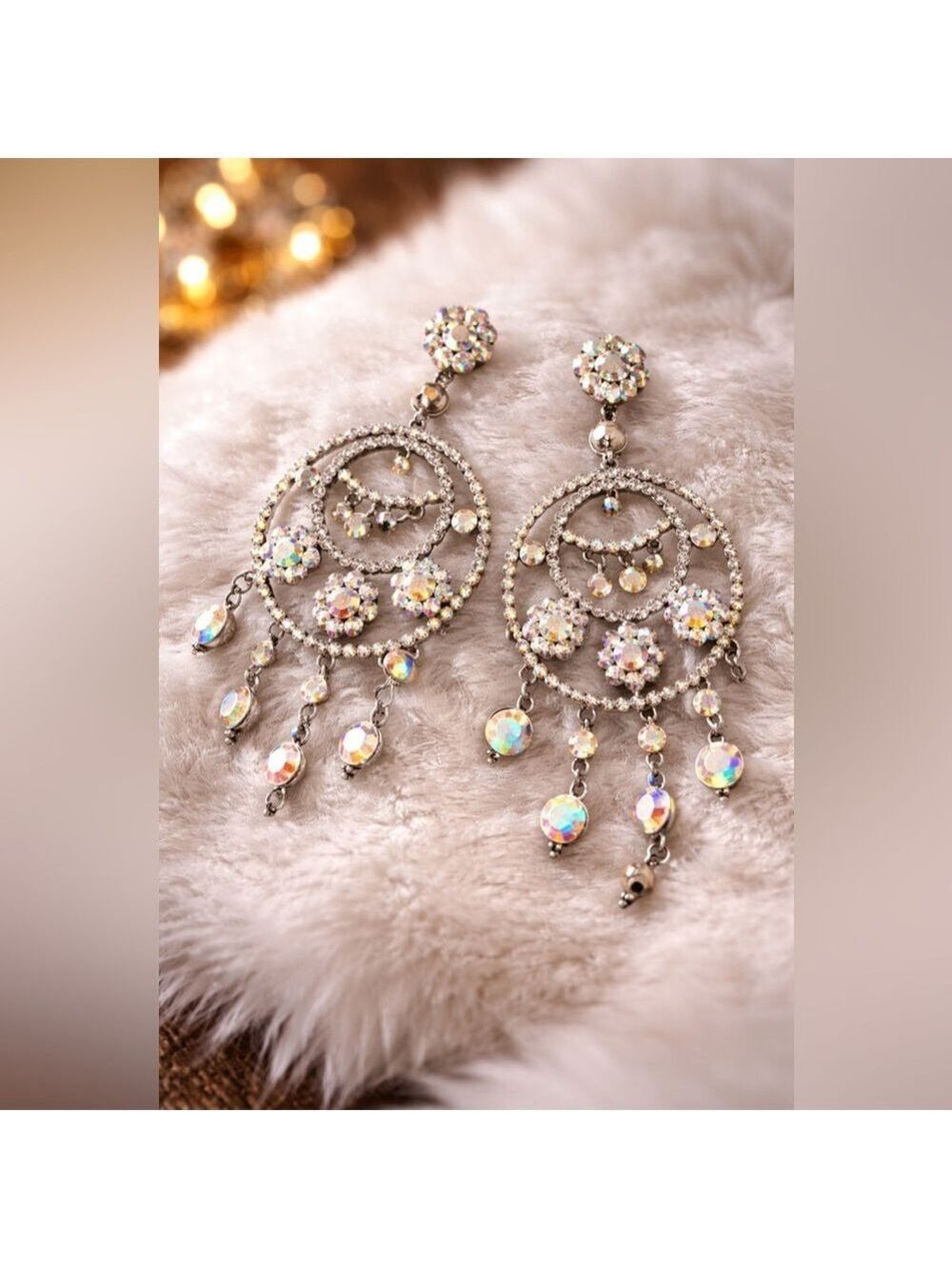 Vintage AB Aurora Borealis Statement Dangle Earring Rainbow Crystal Dreamcatcher